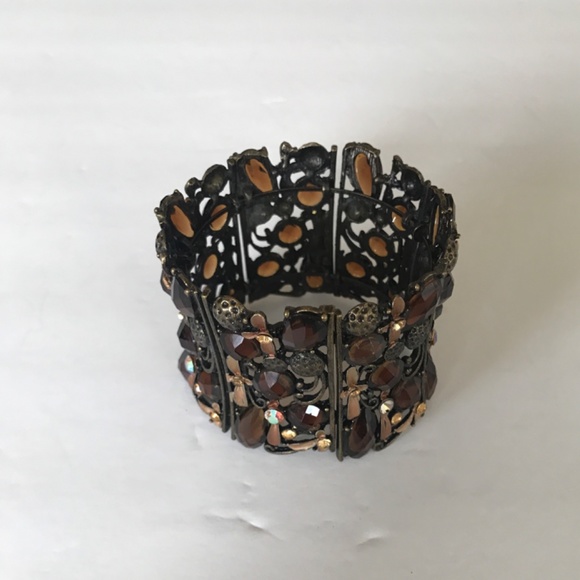 Rare Find! Handcrafted Brass 7 Panel Hinged 2” Cuff Bracelet Topaz Color Stones - Picture 4 of 10